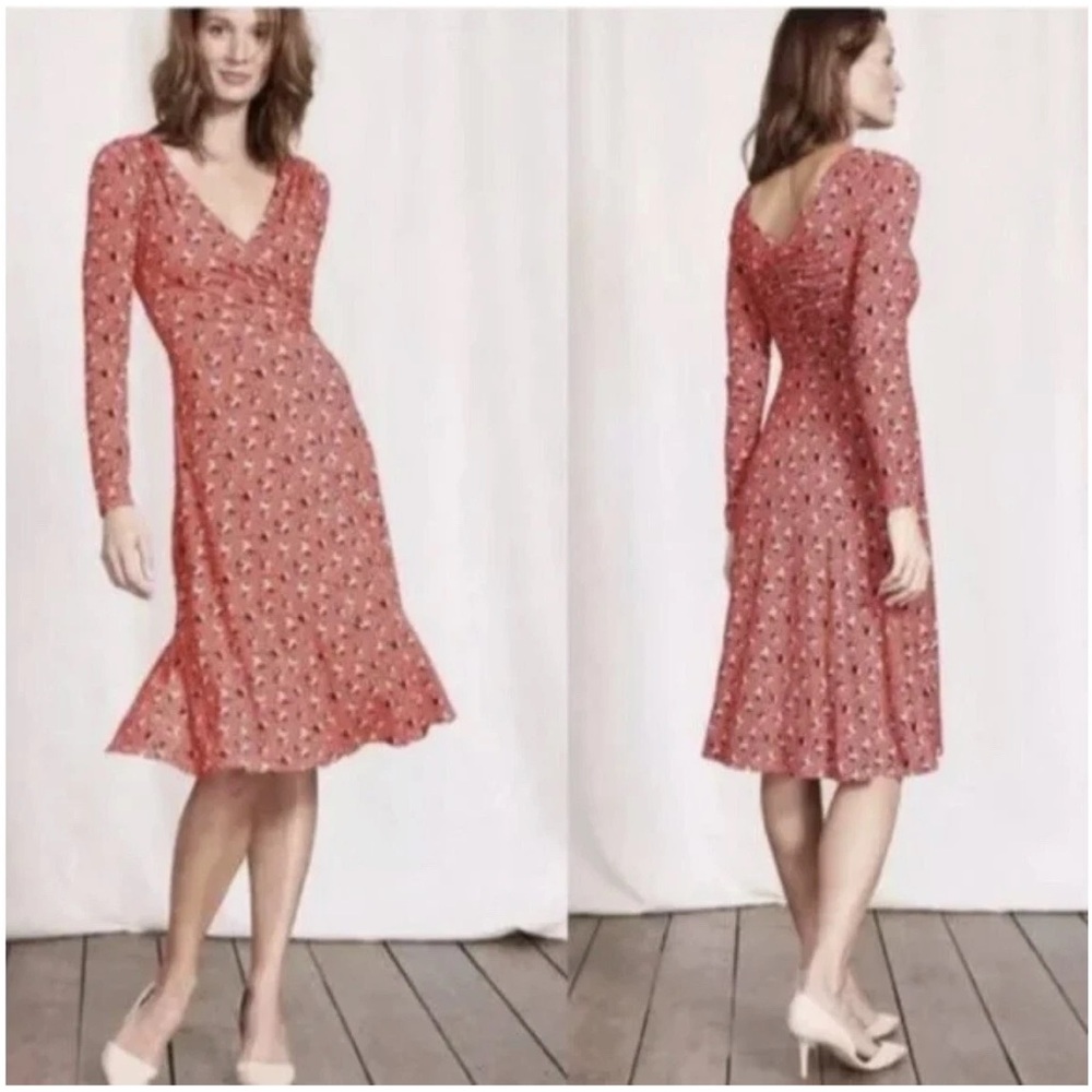 Boden Long Sleeve V-Neck Coral Printed Midi Dress